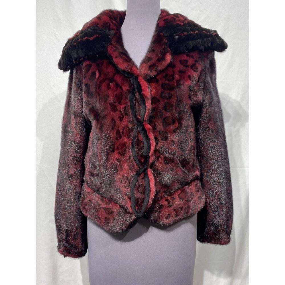 burgundy/ red mink dyed jacket print pattern sheared mink trim (62161)